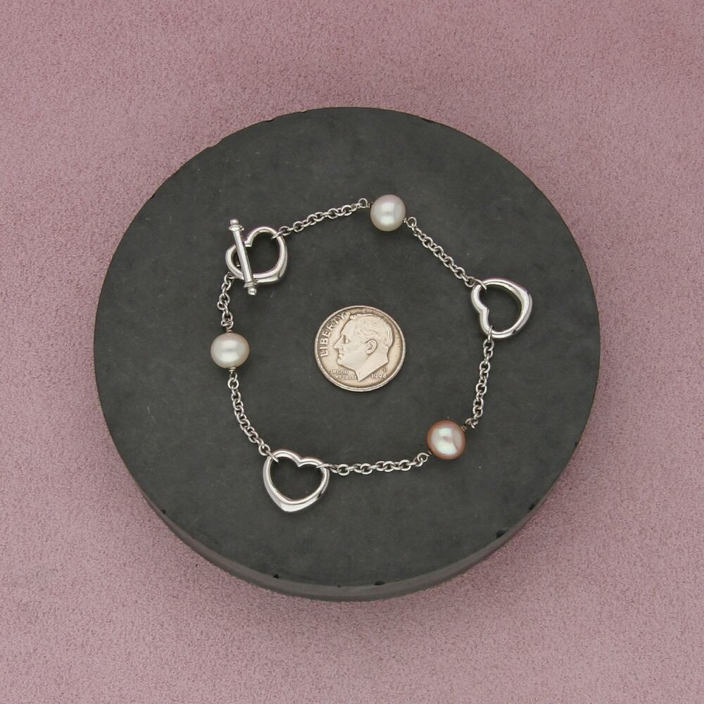 sterling silver pearl & heart station toggle bracelet size 7.5in - Picture 2 of 3